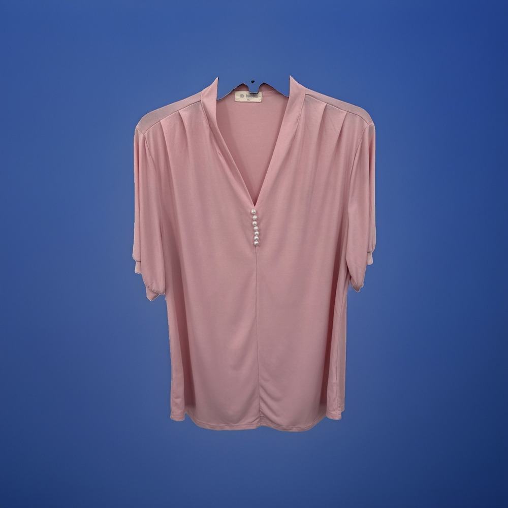 Bulotus Blush Pink Blouse Women's XL Short Petal Sleeve V-Neck Business Casual